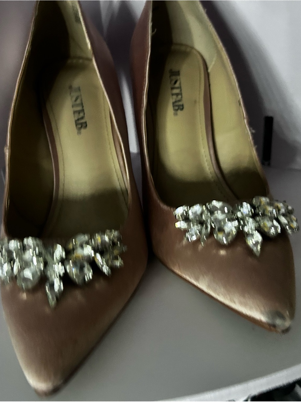 JustFab Blush Pink Pointed-Toe Pumps with Crystal Embellishment